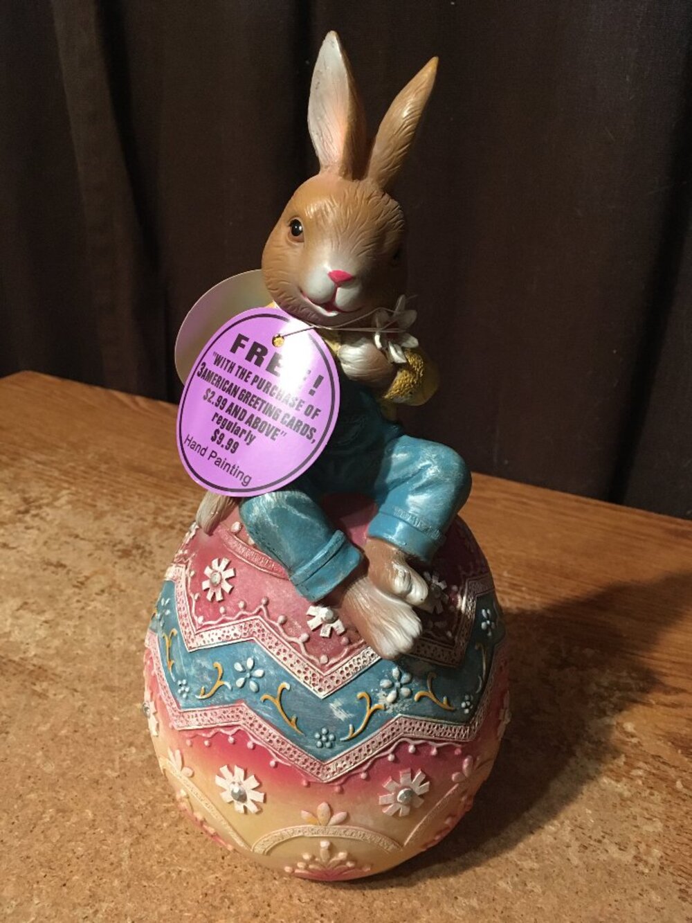 AMERICAN GREETING BUNNY PETER RABBIT ON MOLDED PAINTED EGG 10.75"